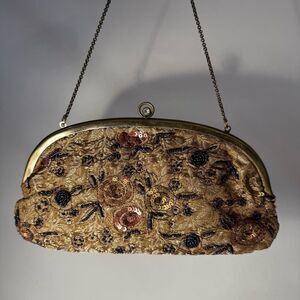 Cold water creek gold embroidered Vintage Floral Beaded evening bag Clutch